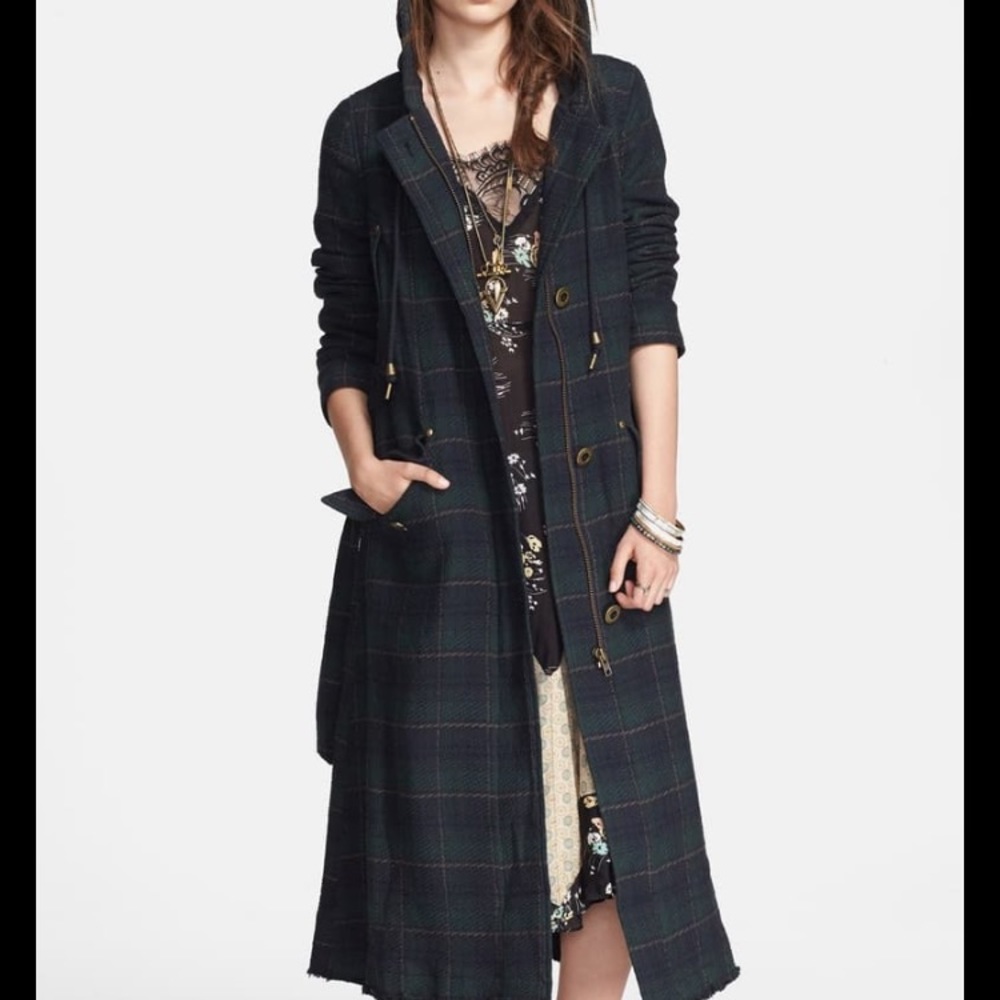 Free people plaid hooded maxi coat
